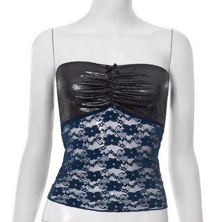 Bowknot ruched backless lace tube top