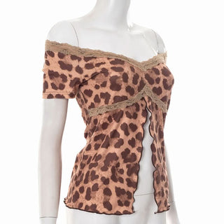 Leopard print lace hem off shoulder slit top