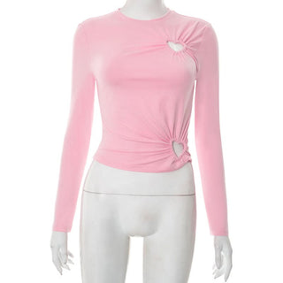 Long sleeve hollow out crewneck ruched cut out top