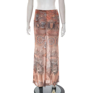 Butterfly print slit contrast mesh maxi skirt