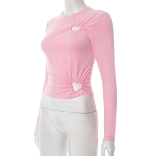 Long sleeve hollow out crewneck ruched cut out top