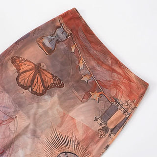 Butterfly print slit contrast mesh maxi skirt