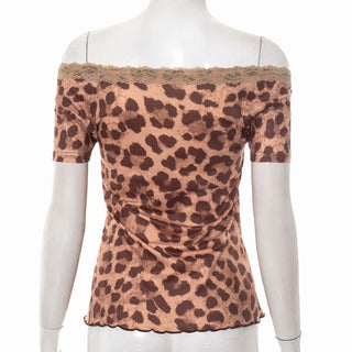 Leopard print lace hem off shoulder slit top