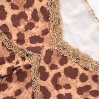 Leopard print lace hem off shoulder slit top