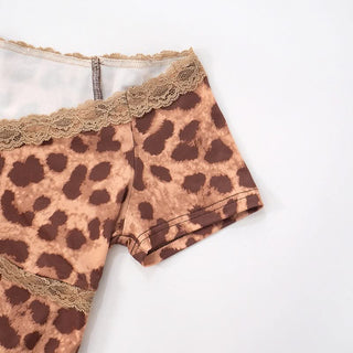 Leopard print lace hem off shoulder slit top