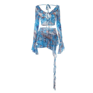 Long flared sleeve v neck self tie print mini skirt set