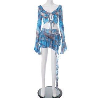 Long flared sleeve v neck self tie print mini skirt set