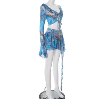 Long flared sleeve v neck self tie print mini skirt set