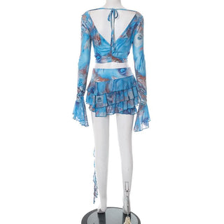 Long flared sleeve v neck self tie print mini skirt set