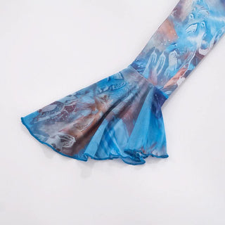 Long flared sleeve v neck self tie print mini skirt set