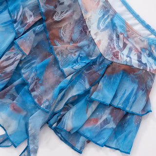 Long flared sleeve v neck self tie print mini skirt set