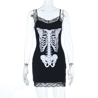 Lace hem v neck skeleton print cami mini dress