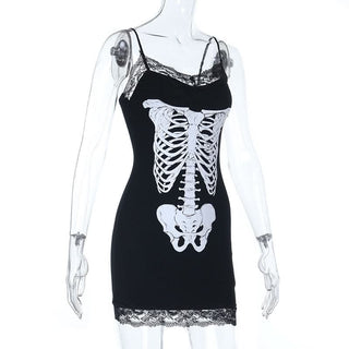 Lace hem v neck skeleton print cami mini dress