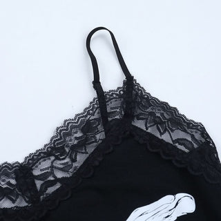 Lace hem v neck skeleton print cami mini dress