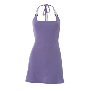 Square neck beaded halter self tie mini dress