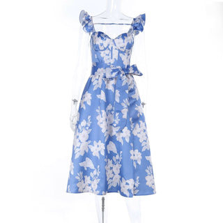 Ruffle flower print zip-up slit v neck midi dress