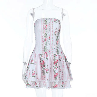 Lace hem flower print zip-up tube mini dress