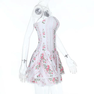 Lace hem flower print zip-up tube mini dress