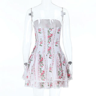 Lace hem flower print zip-up tube mini dress
