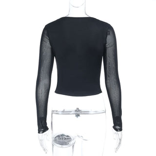 Mesh long sleeve lace hem v neck top