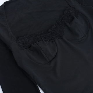 Mesh long sleeve lace hem v neck top