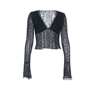 V neck lace hem long sleeve solid top