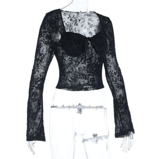 Long sleeve v neck print black top