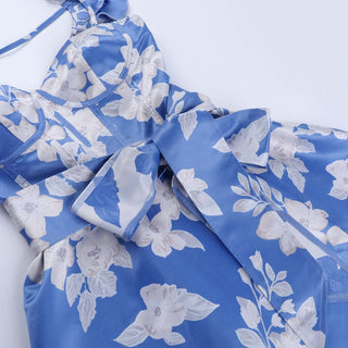 Ruffle flower print zip-up slit v neck midi dress