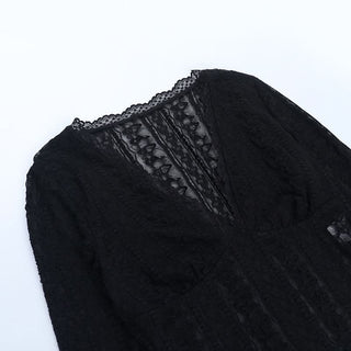 V neck lace hem long sleeve solid top