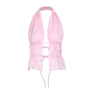 Halter ruched self tie hollow out pink cut out top