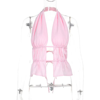 Halter ruched self tie hollow out pink cut out top