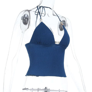 Self tie halter v neck ruched backless top