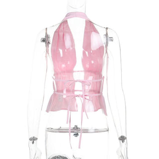 Halter ruched self tie hollow out pink cut out top