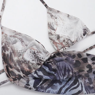 Zebra print self tie halter hollow out cut out mini dress