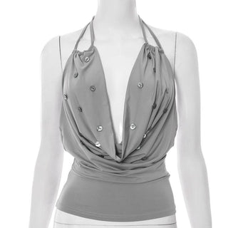 Cowl neck halter self tie button grey top
