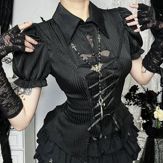 Short sleeve turnover collar smocked lace up top