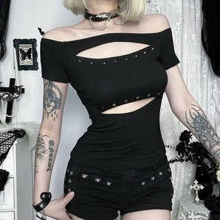 Hollow out off shoulder beaded short sleeve cut out top