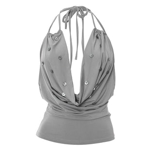 Cowl neck halter self tie button grey top