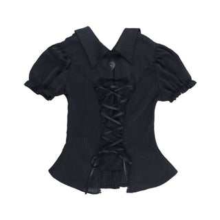 Short sleeve turnover collar smocked lace up top