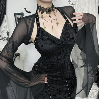 Long flared sleeve sheer mesh shrug top