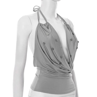 Cowl neck halter self tie button grey top