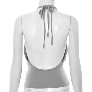 Cowl neck halter self tie button grey top
