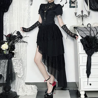 Irregular lace hem flower applique midi skirt