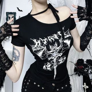 Short sleeve bat print irregular black top