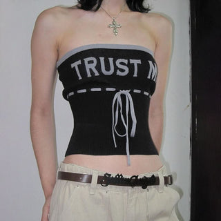 Ribbed self tie "TRUST ME" pattern tube top