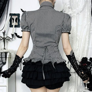 Bowknot striped ruffle short sleeve top