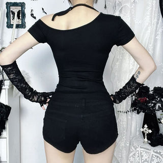 Short sleeve bat print irregular black top