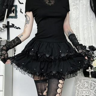 Ruched lace hem A line black mini skirt