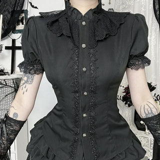 Lace hem bowknot short sleeve black top
