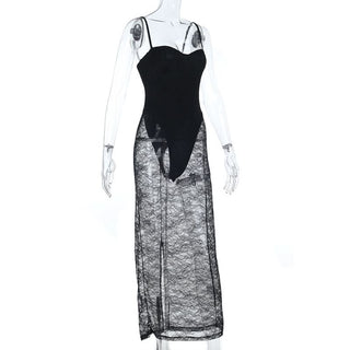 Slit v neck lace backless cami midi dress